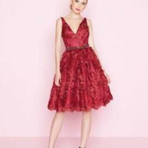 MAC DUGGAL 66756N FLORAL 3D APPLIQUE V-NECK A-LINE COCKTAIL GARNET RED DRESS 16 - Picture 3 of 6